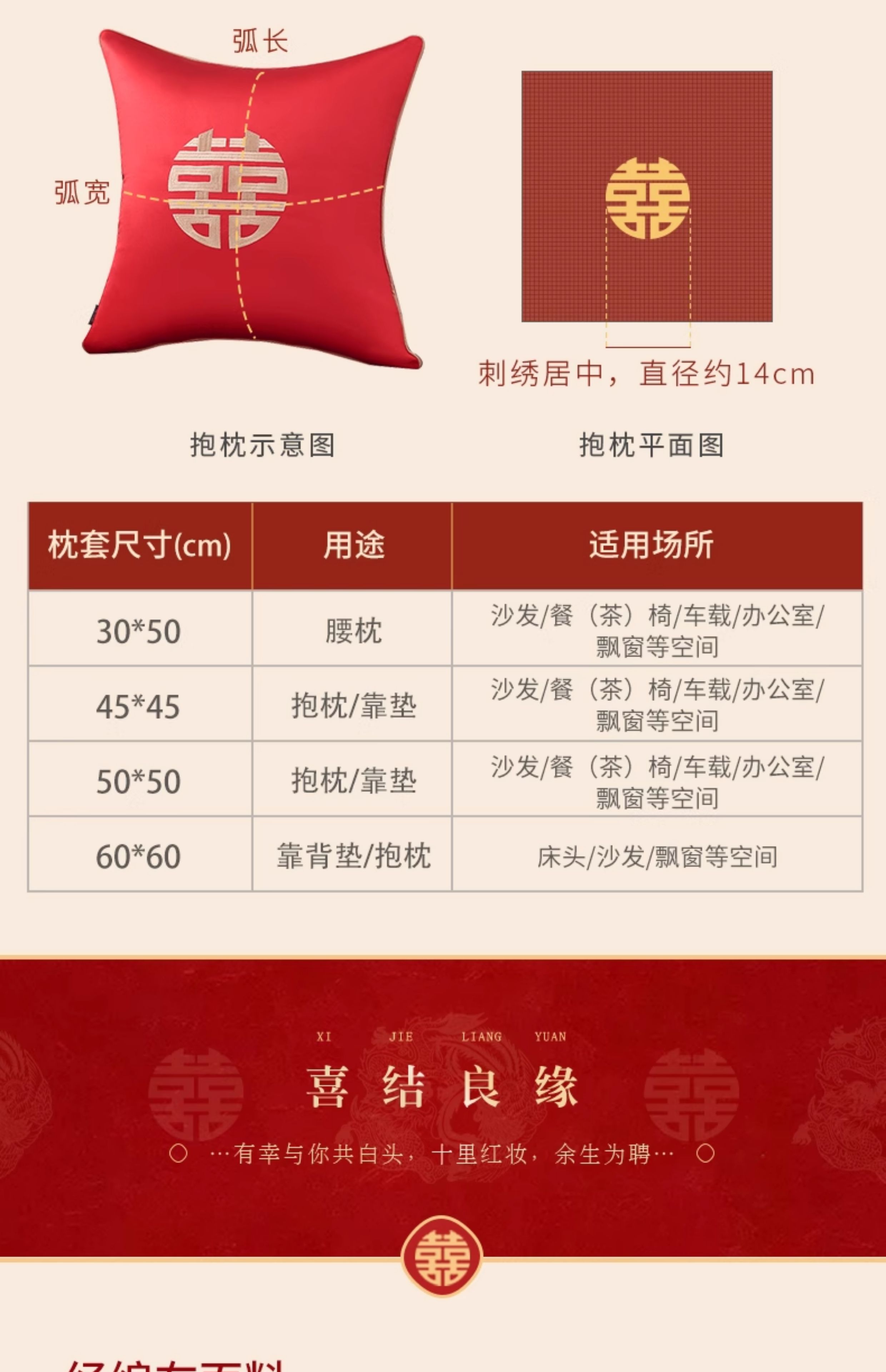 骆易家结婚抱枕「圆喜」喜字刺绣客厅沙发靠枕