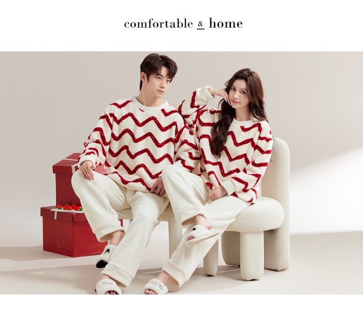 瑚绒情侣睡衣秋冬季红色结婚新婚套装女士保暖半边绒男士家居服