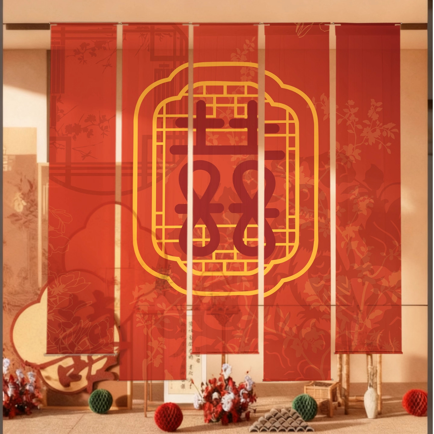 婚房裝飾布置掛布新中式紅色喜慶背景墻半透金剛紗國風紗幔