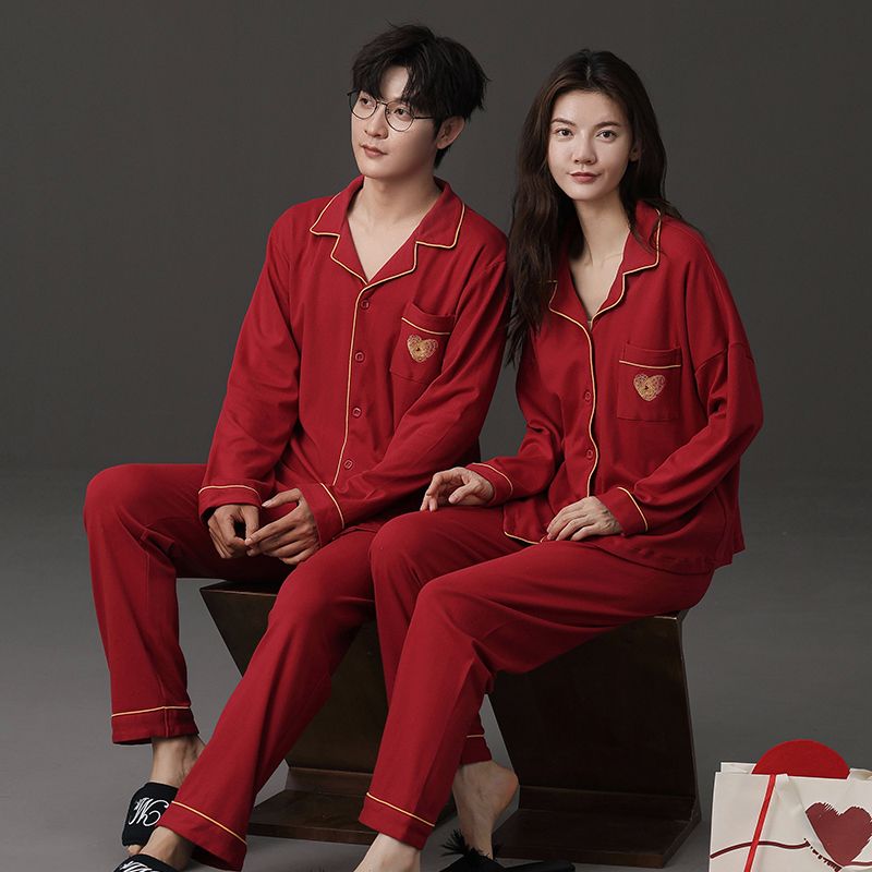 红色新婚家居服套装女春秋款带胸垫