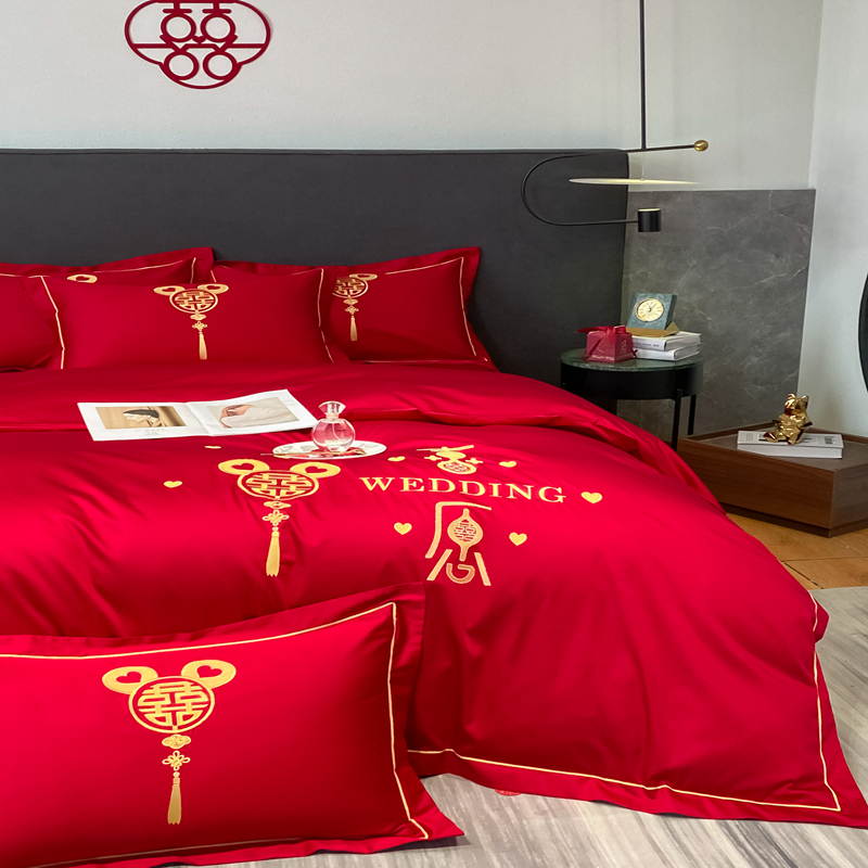 婚慶四件套新中式磨毛刺繡965587（床單+被套+2個枕套）