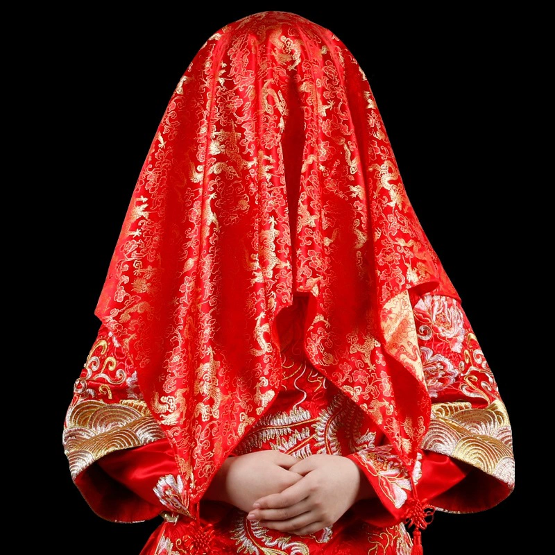 新娘龍鳳花紋喜字帶穗大紅蓋頭結(jié)婚用品
