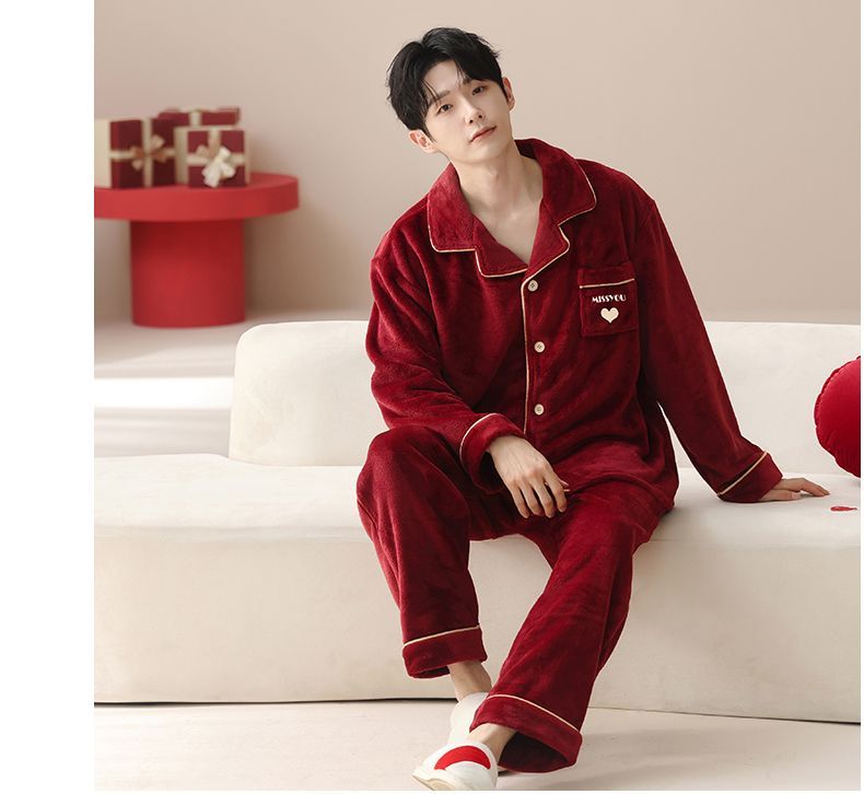 秋冬季法蘭絨紅色情侶睡衣