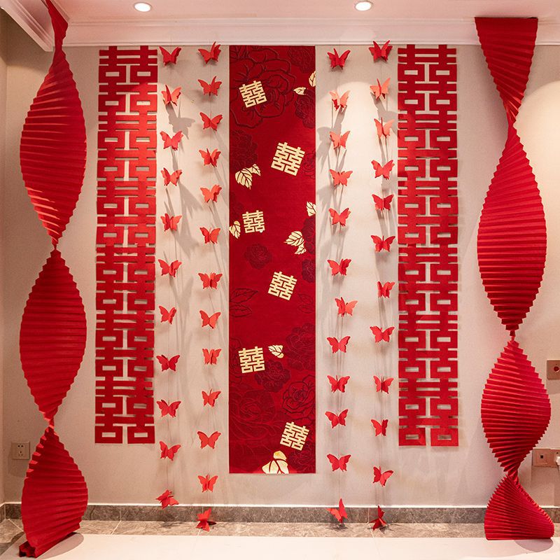 婚房窗簾套套裝 男方新房女方臥室拉花吊飾婚禮晨袍背景墻