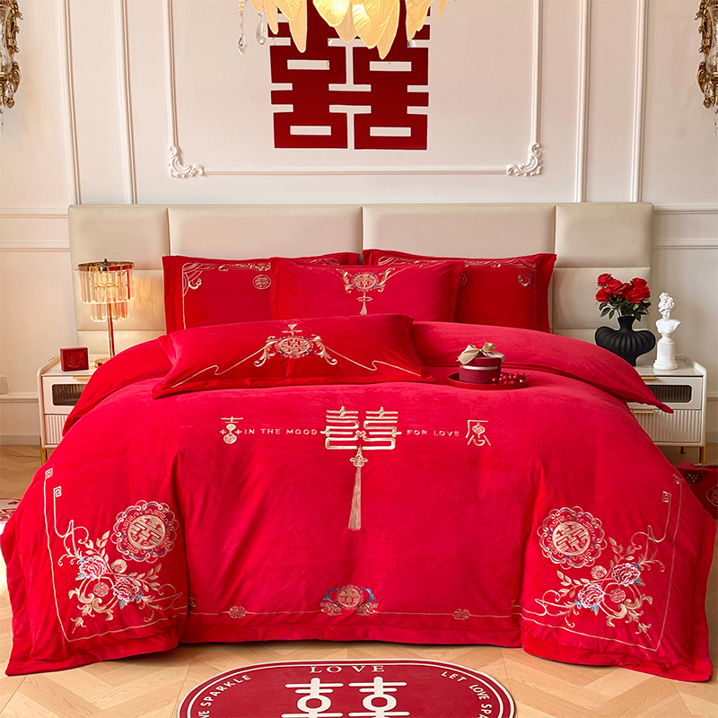 新款结婚高克重全工艺牛奶绒宝宝绒刺绣婚庆四件套