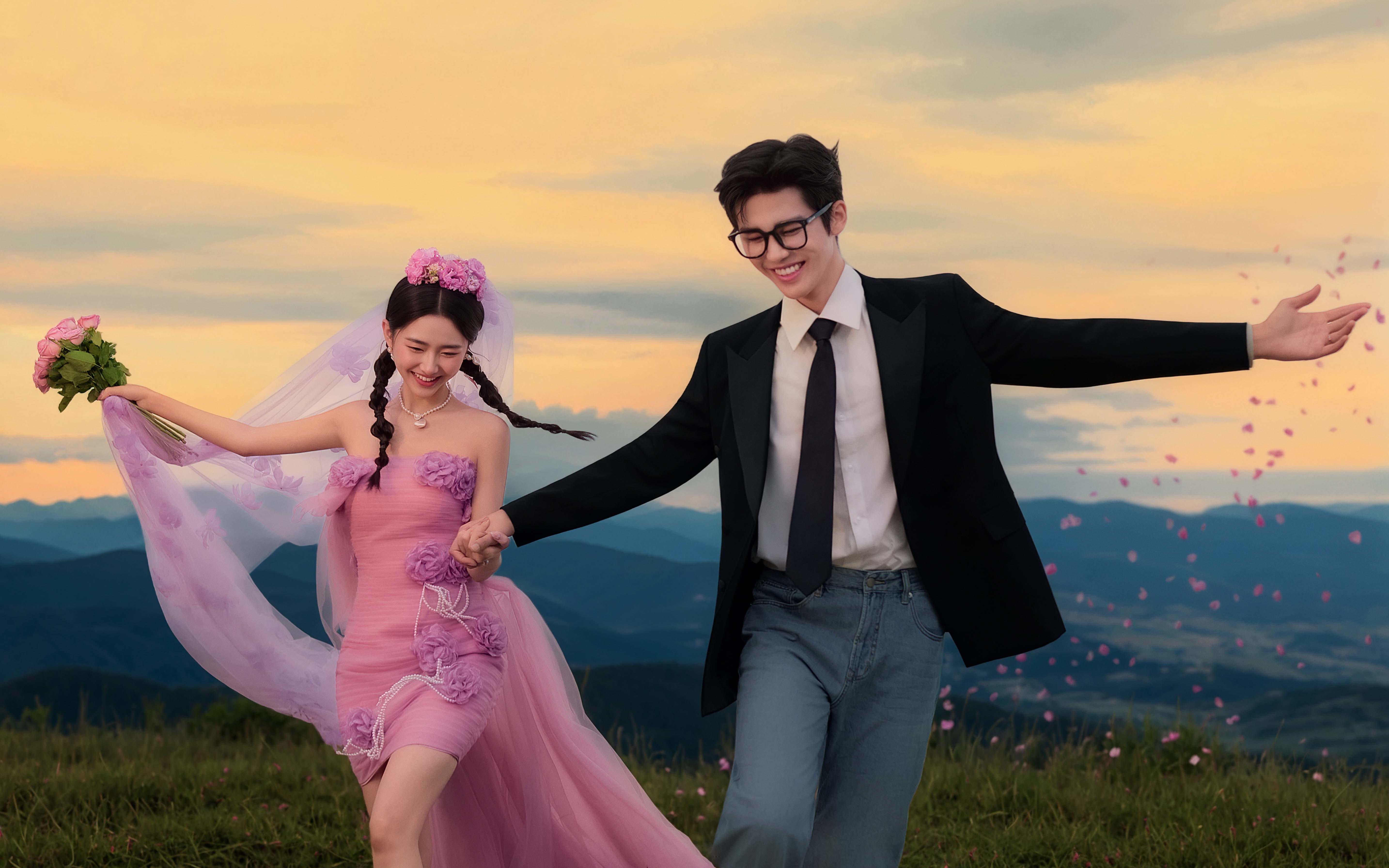 香芋紫婚纱与傍晚山顶的梦幻邂逅