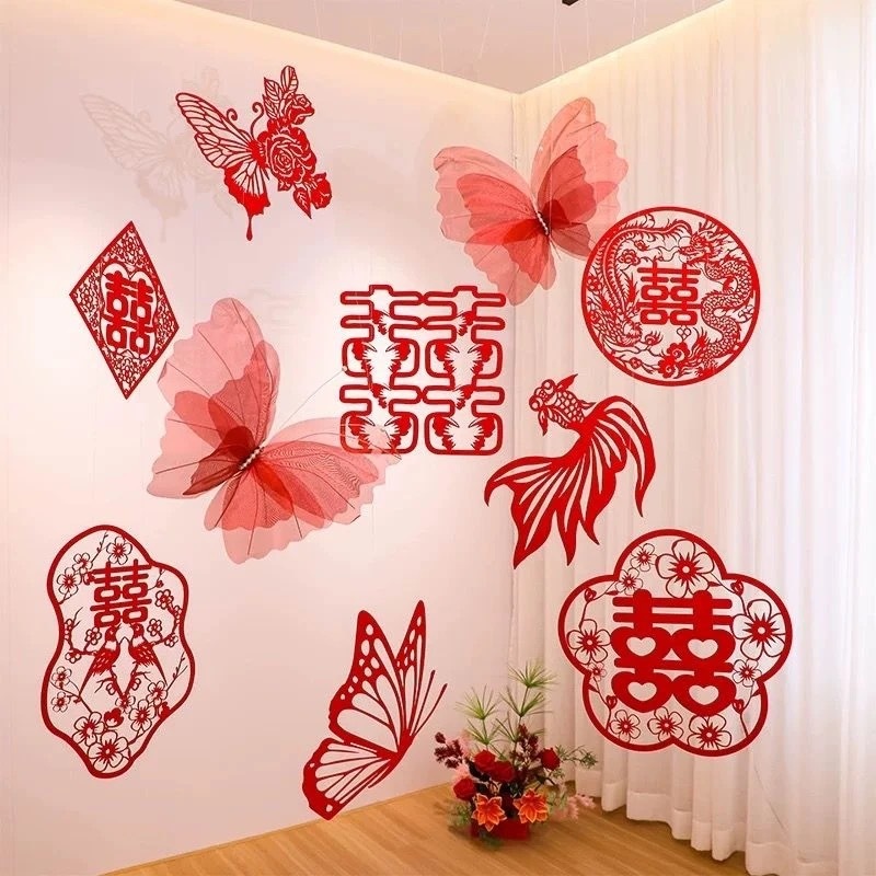 卧室简约酒店无纺布剪纸喜字拉花