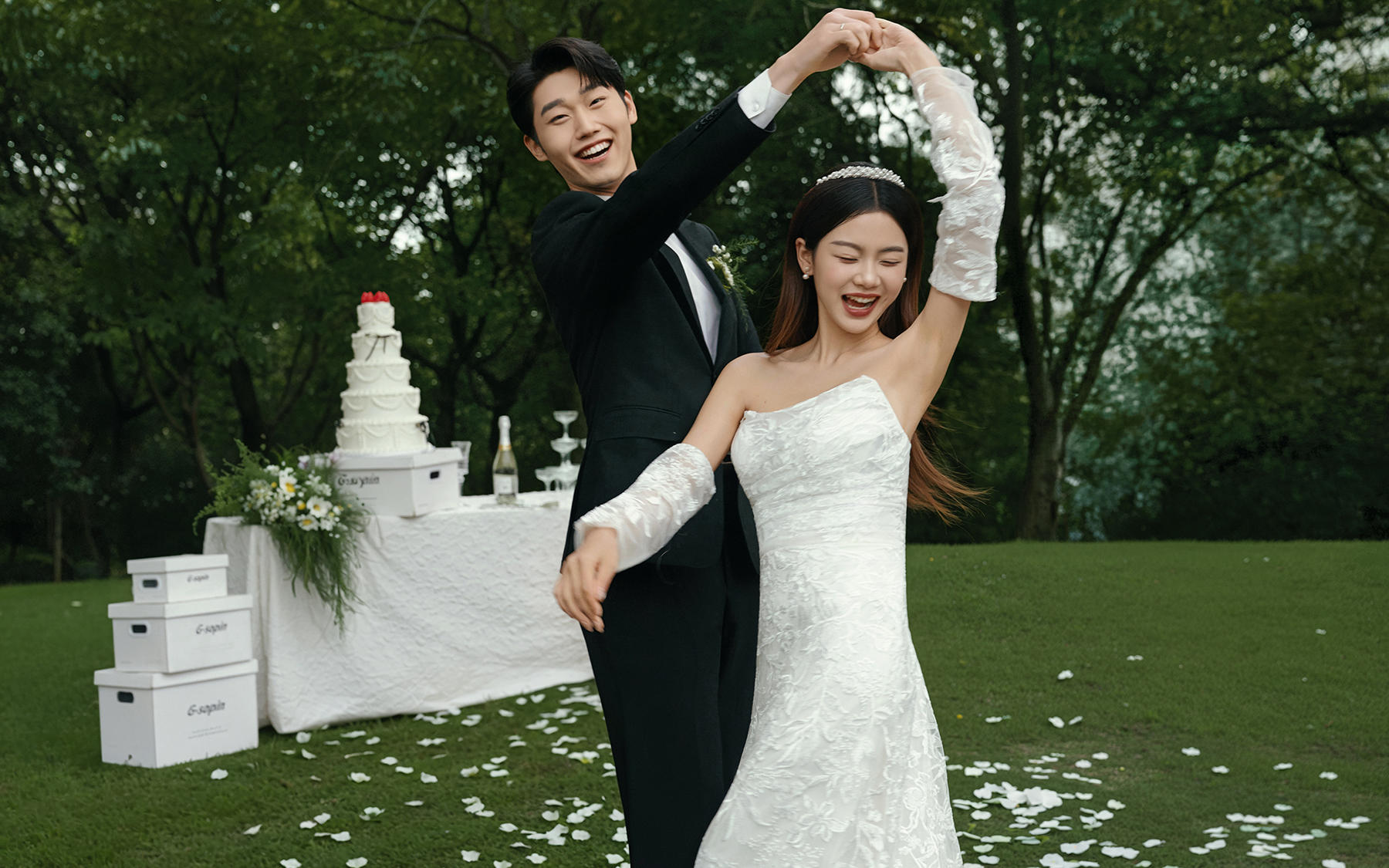 白纱曳地，草坪起舞爱意正浓