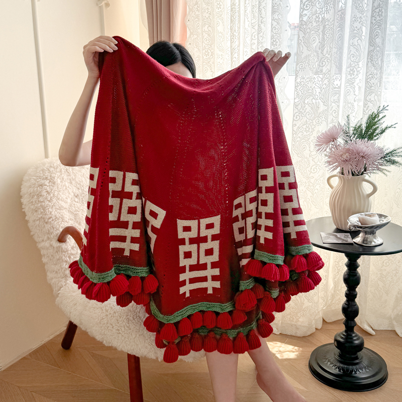 新款结婚订婚红双喜玫瑰花花束针织毯毛毯披肩盖毯