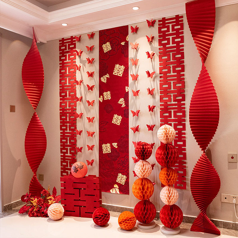 婚房窗簾套套裝 男方新房女方臥室拉花吊飾婚禮晨袍背景墻