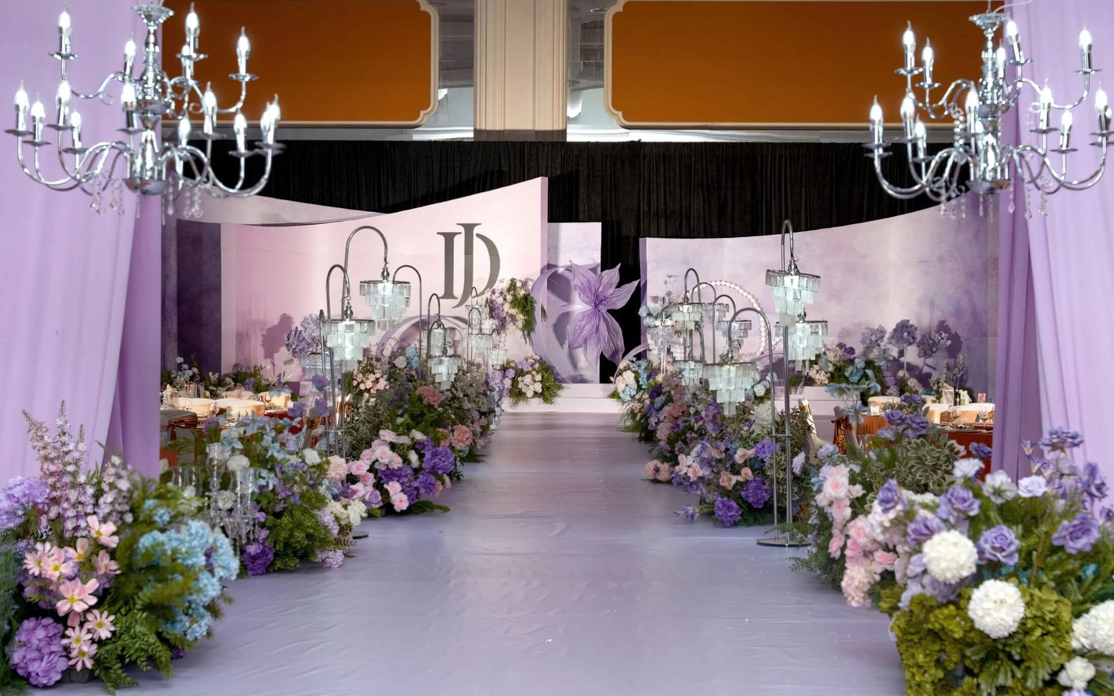 莫奈紫色高級(jí)感弧形背景婚禮