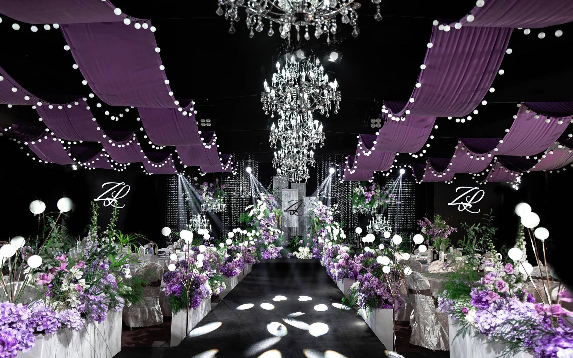 韩式水晶紫色布幔吊顶婚礼