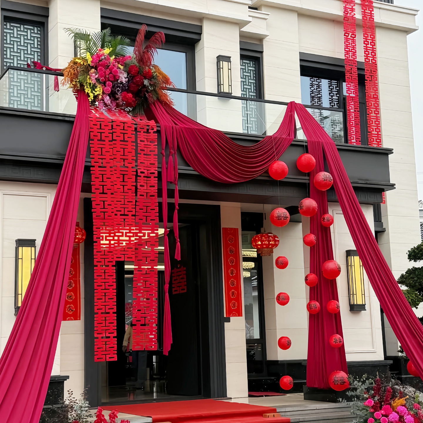 户外农村院子婚礼布置纱幔条幅拉花套装