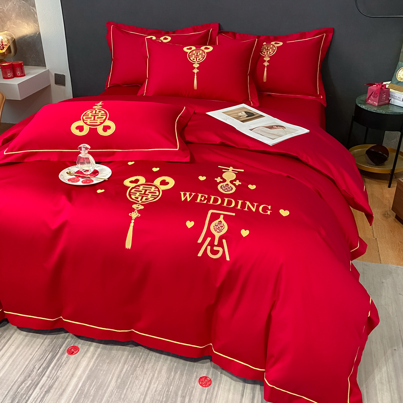 婚慶四件套新中式磨毛刺繡965587（床單+被套+2個枕套）