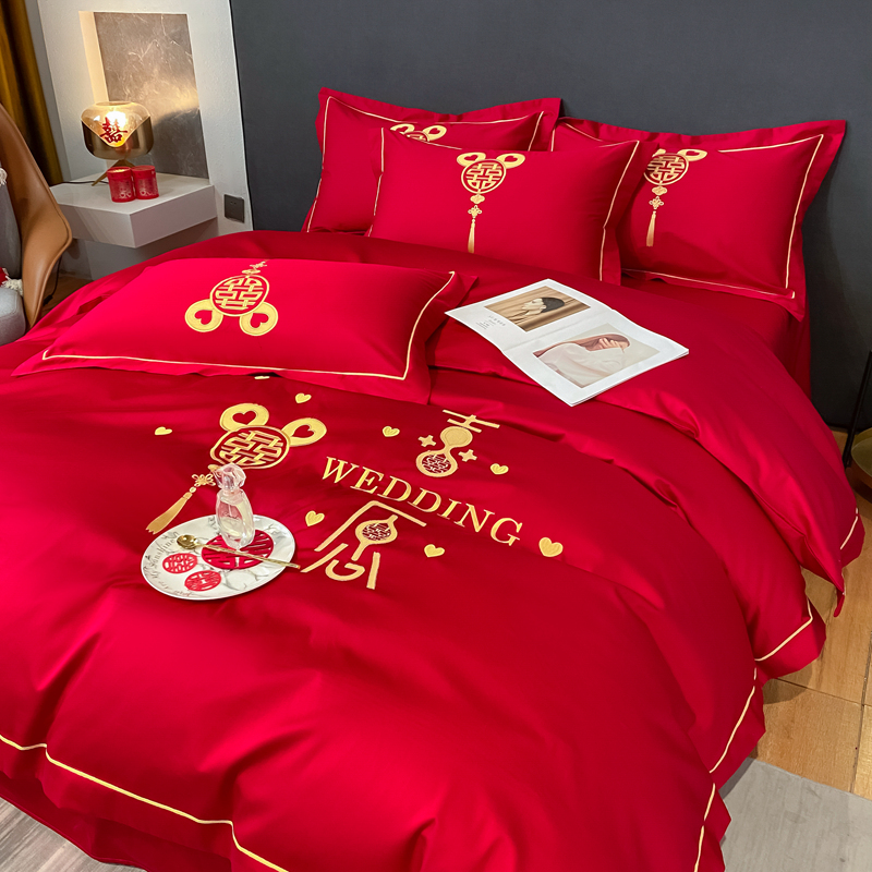 婚慶四件套新中式磨毛刺繡965587（床單+被套+2個枕套）