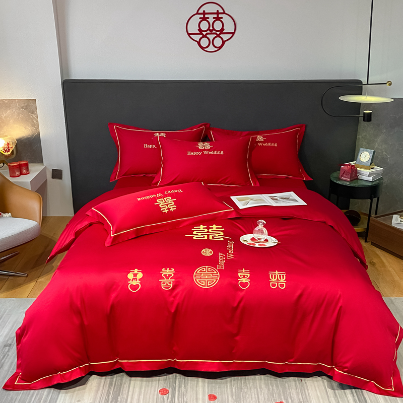 婚慶四件套新中式磨毛刺繡965587（床單+被套+2個枕套）