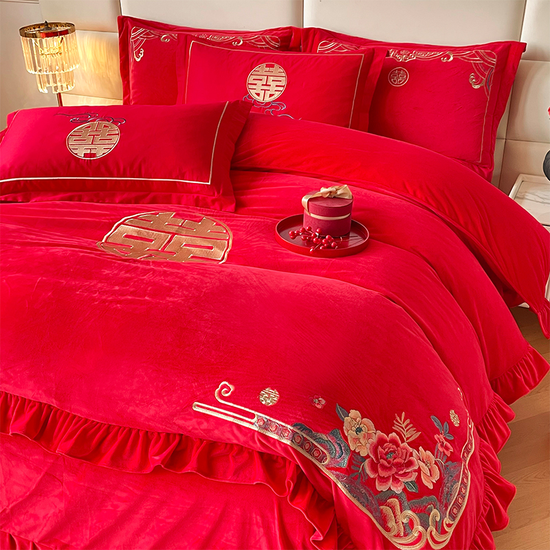 新款结婚高克重全工艺牛奶绒宝宝绒刺绣婚庆四件套