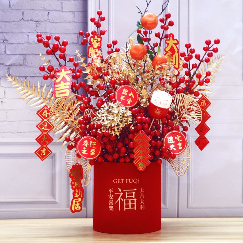 仿真花发财果福桶插花摆件