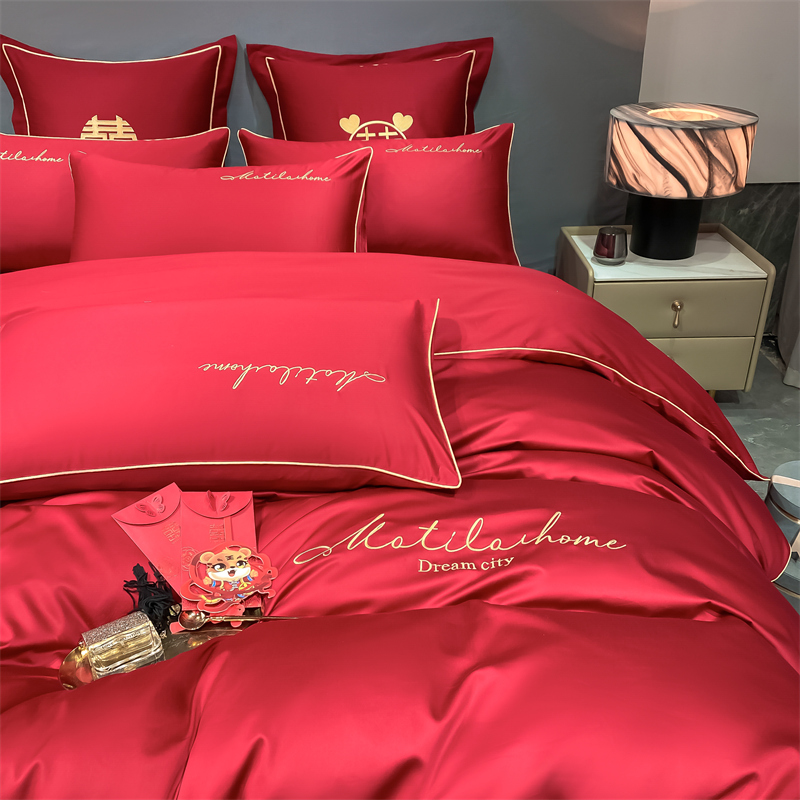 新款水洗磨毛刺繡四件套婚慶系列959611（床單+被套+2個(gè)枕套））