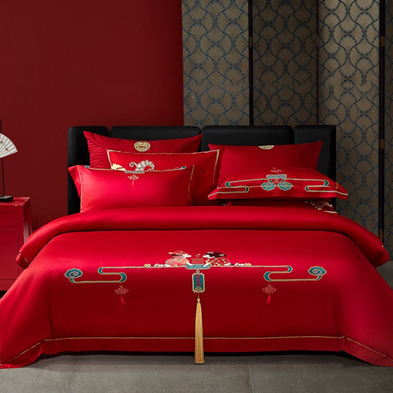 水星家纺 囍溢眉梢60S长绒棉婚床套件