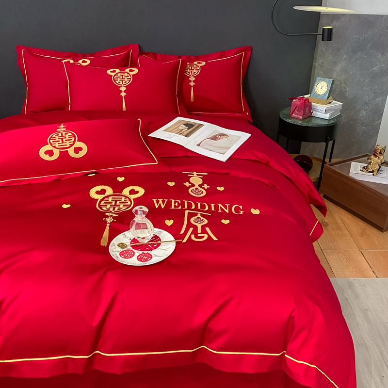 婚慶四件套新中式磨毛刺繡965587（床單+被套+2個枕套）