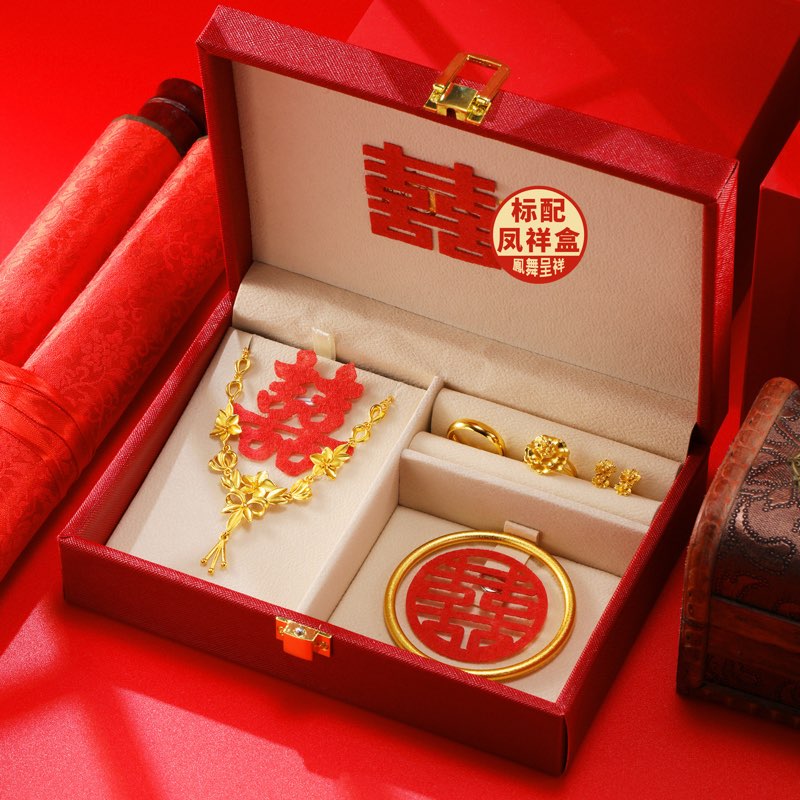 沙金仿真三金六件套礼盒 婚庆结婚订亲首饰套装 摆台拍照道具