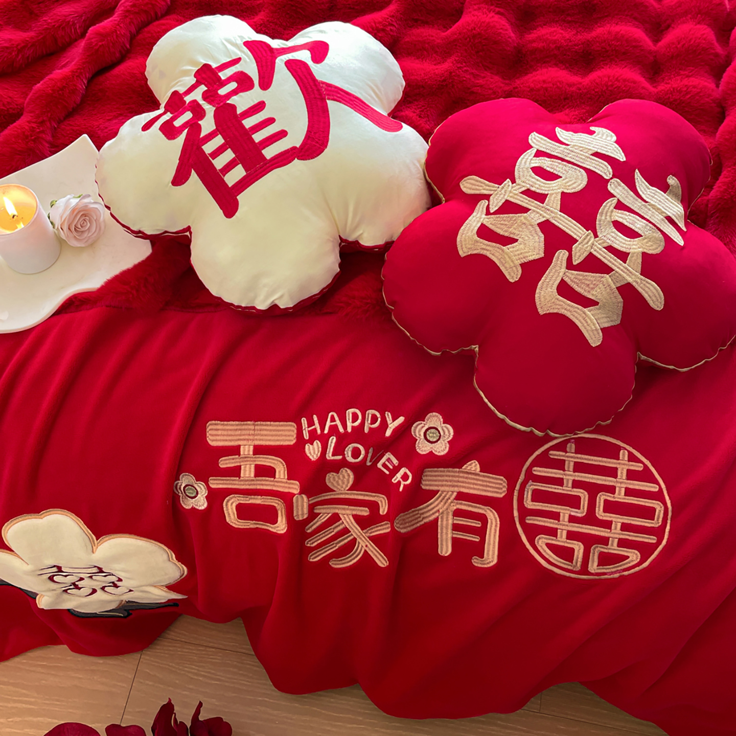 新款婚庆兔毛绒多功能毛毯被套两用豆豆被