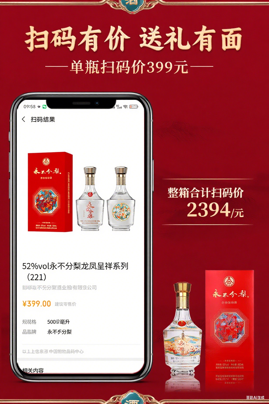 五粮液 永不分梨龙凤呈祥52度浓香型 500ml*6瓶 白酒整箱