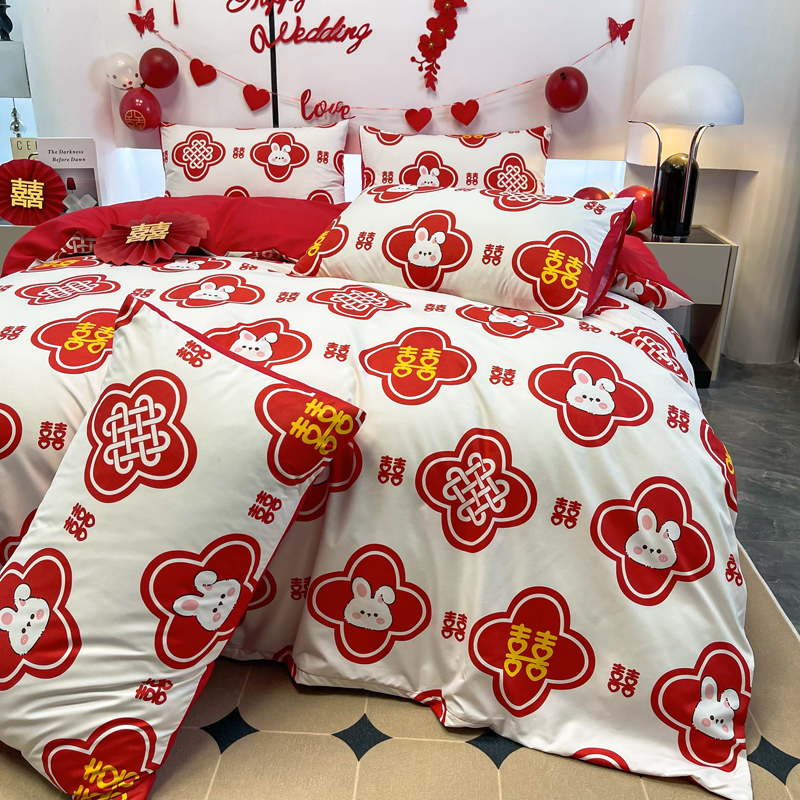 印花婚慶四件套2241655（床單/床笠+被套+2個(gè)枕套）