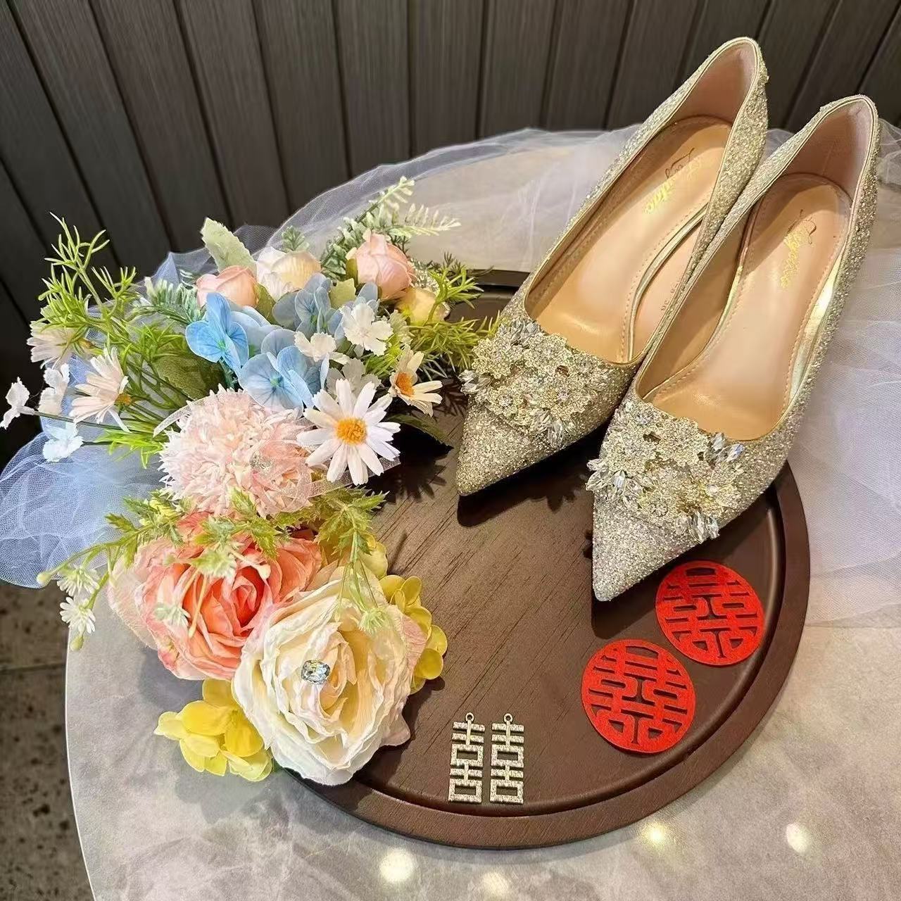 婚礼婚鞋托盘 接亲游戏古风鞋子展示架