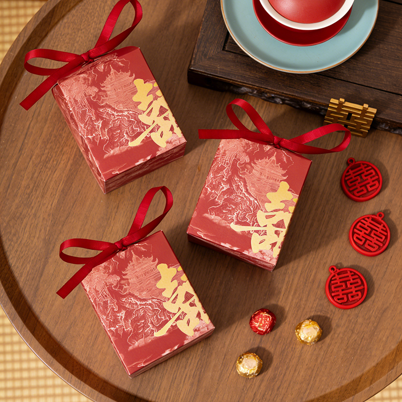 50个喜糖盒红色喜字方形8cm*8cm*9.5cm