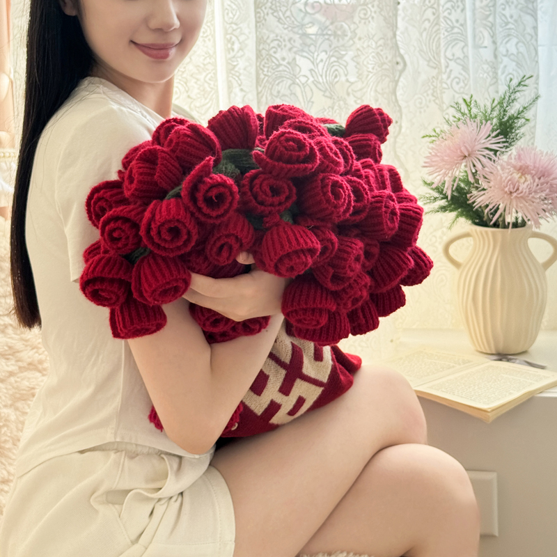 新款结婚订婚红双喜玫瑰花花束针织毯毛毯披肩盖毯