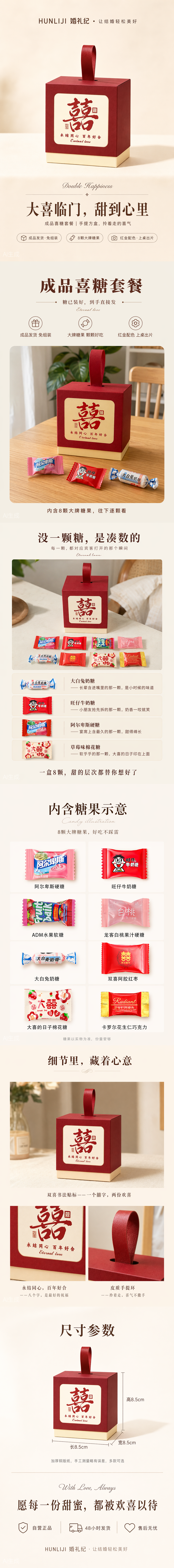 包好发货 喜糖套餐 创意中式方形喜字 喜糖+喜糖盒【成品喜糖不支持退换】