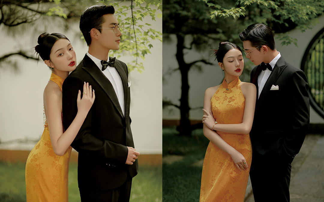 黄色旗袍园林婚照 园林意境 东方气韵！