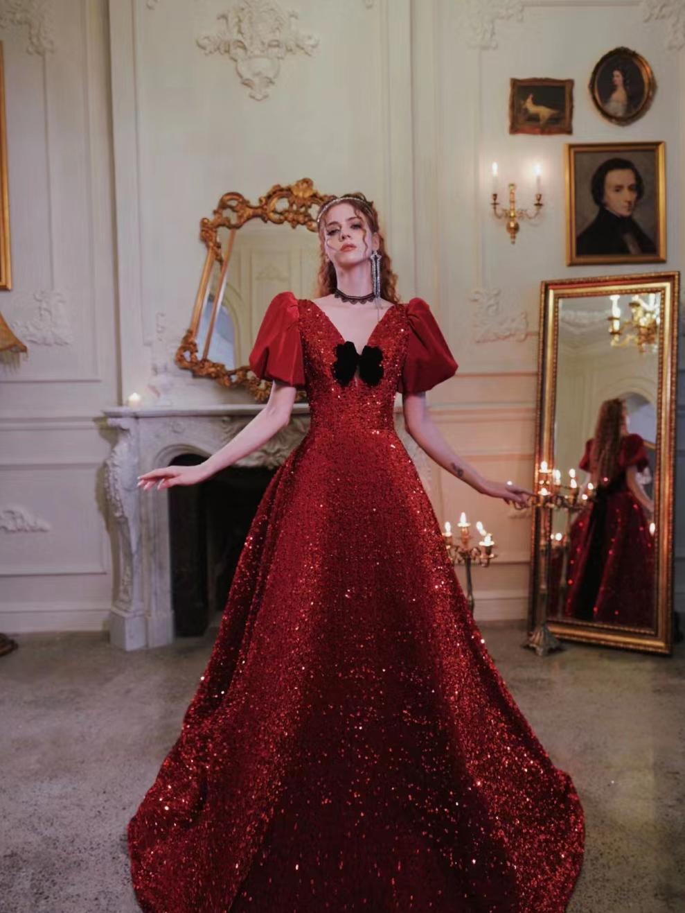 酒红色亮片公主风礼服敬酒服