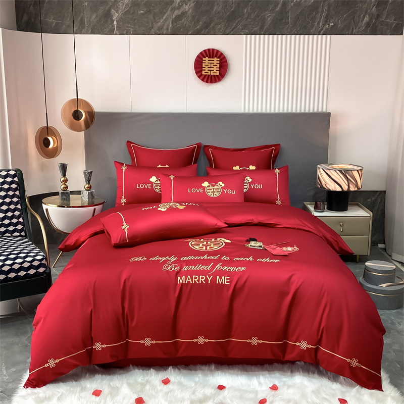 新款水洗磨毛刺繡四件套婚慶系列959611（床單+被套+2個(gè)枕套））