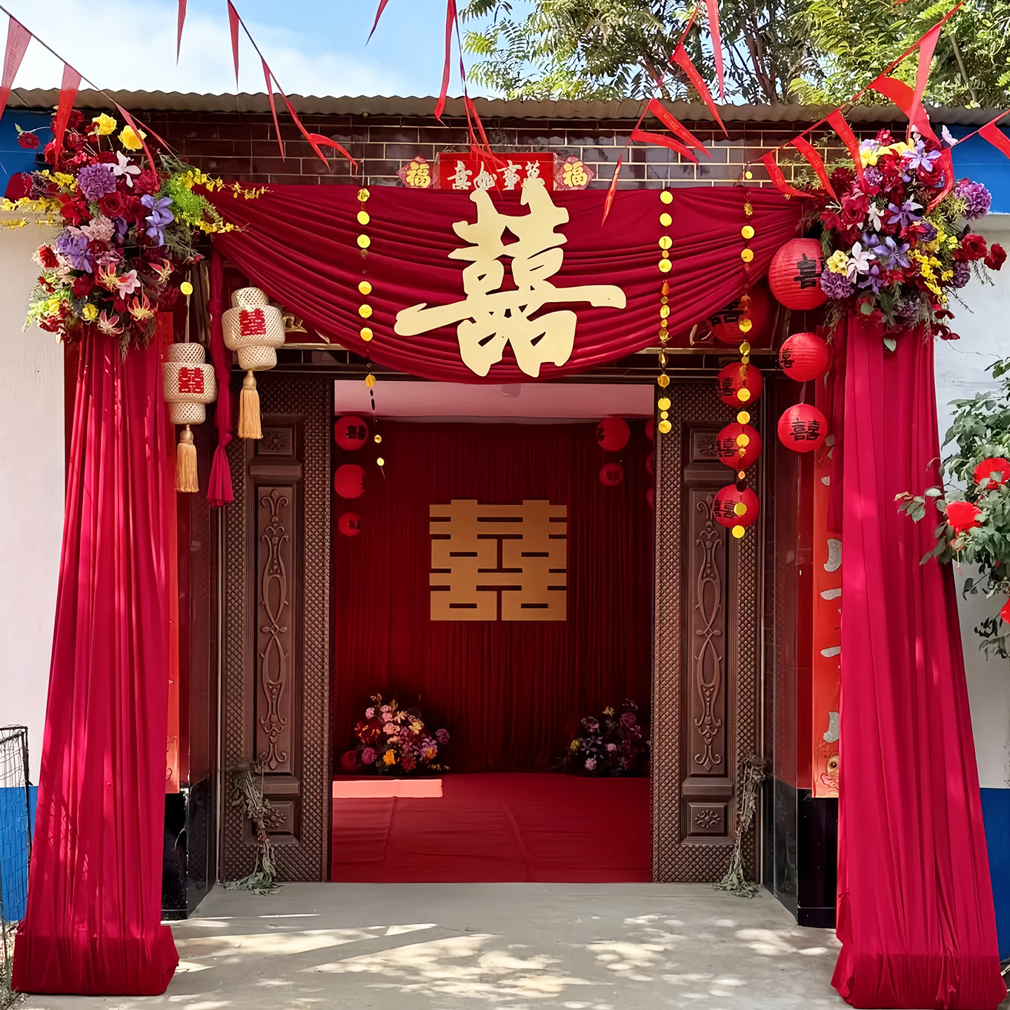 户外农村院子婚礼布置纱幔条幅拉花套装
