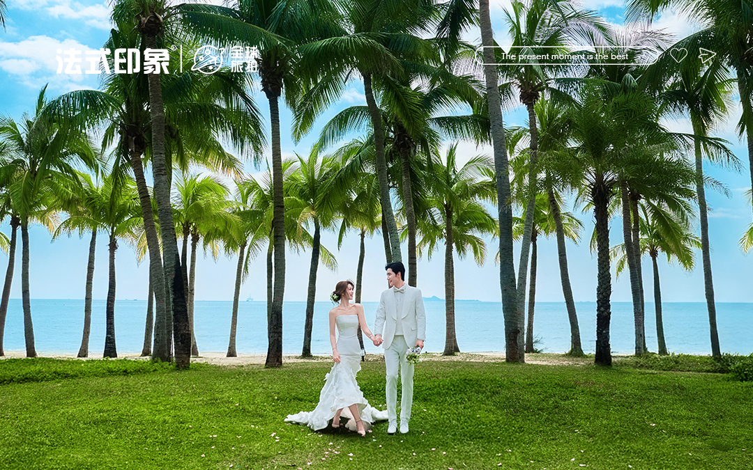 【法式印象】椰林草坪海边森系白纱婚纱照蝴蝶结婚照