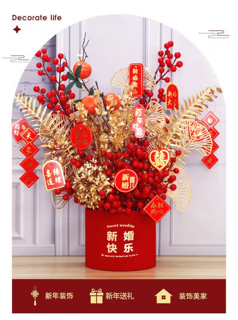 仿真花发财果福桶插花摆件