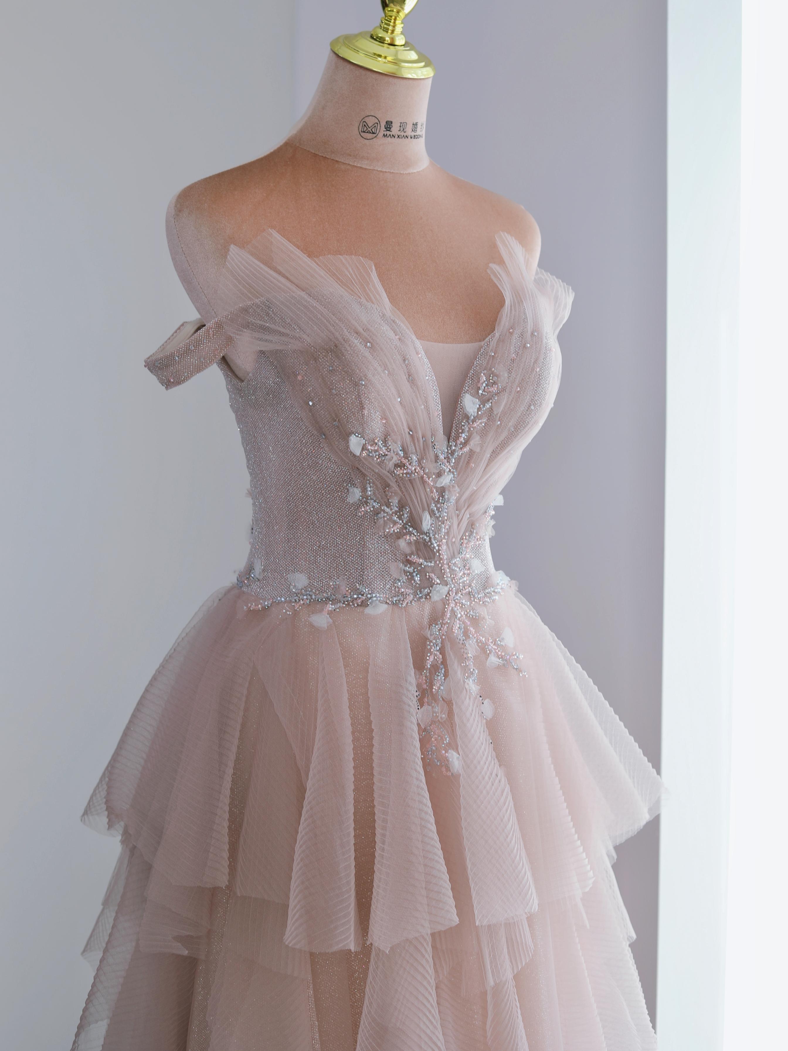 【桃色】一字肩蜜桃色温柔仙女礼服