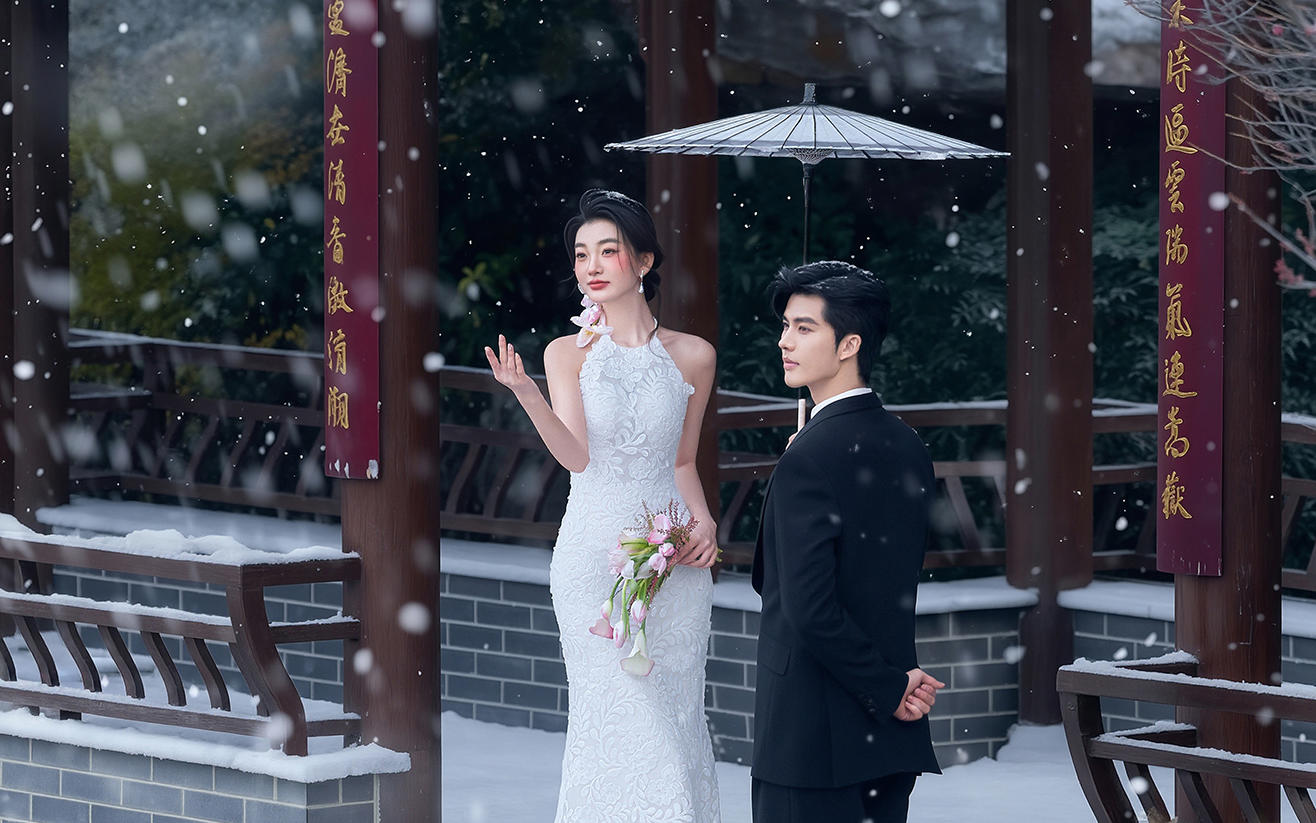 園林雪景中式婚紗照