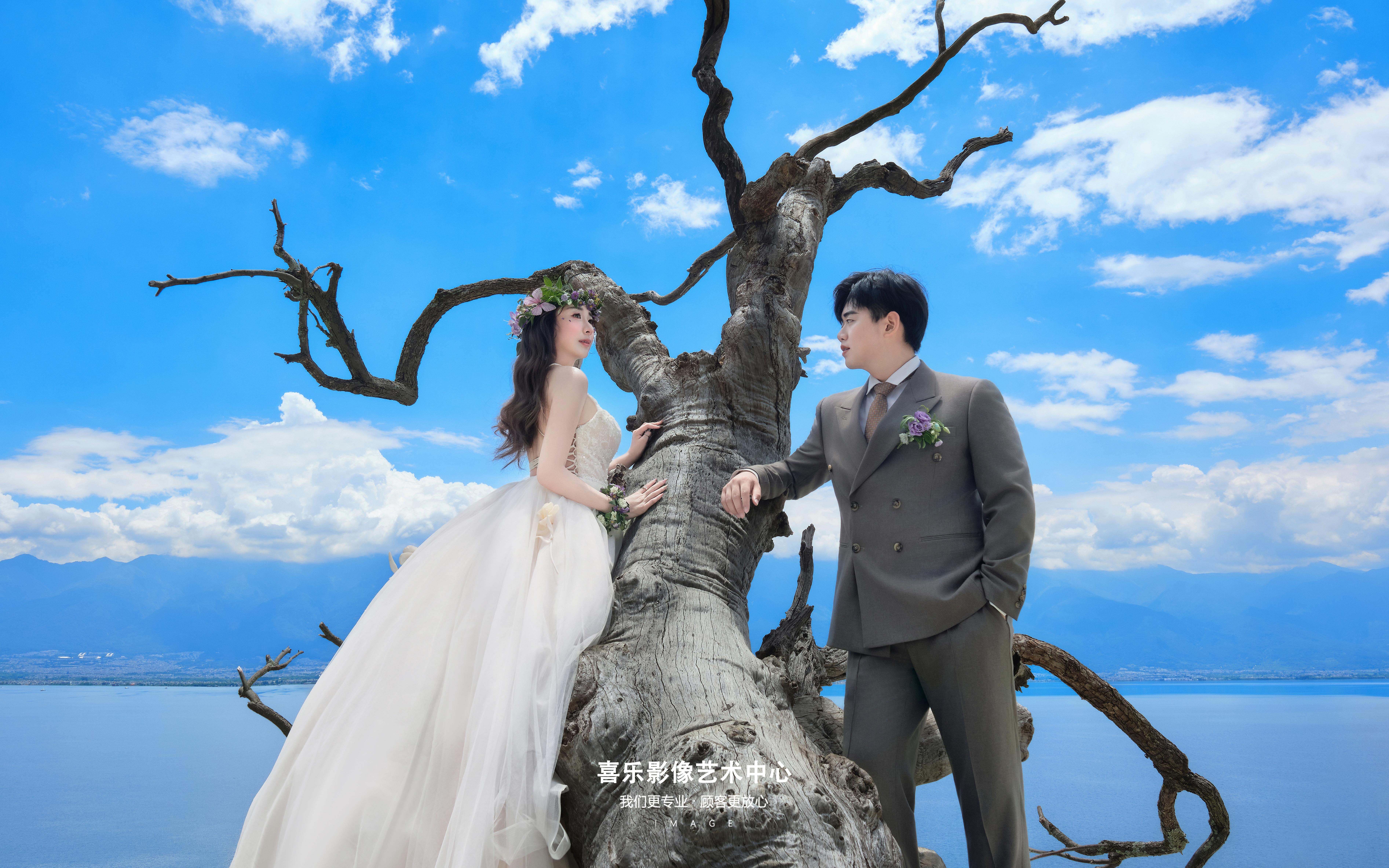 清新風婚紗照?? 喜樂影像把湖景枯樹拍活了