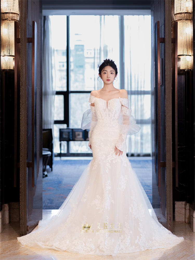 【兰州婚纱】蕾丝一字肩鱼尾婚纱