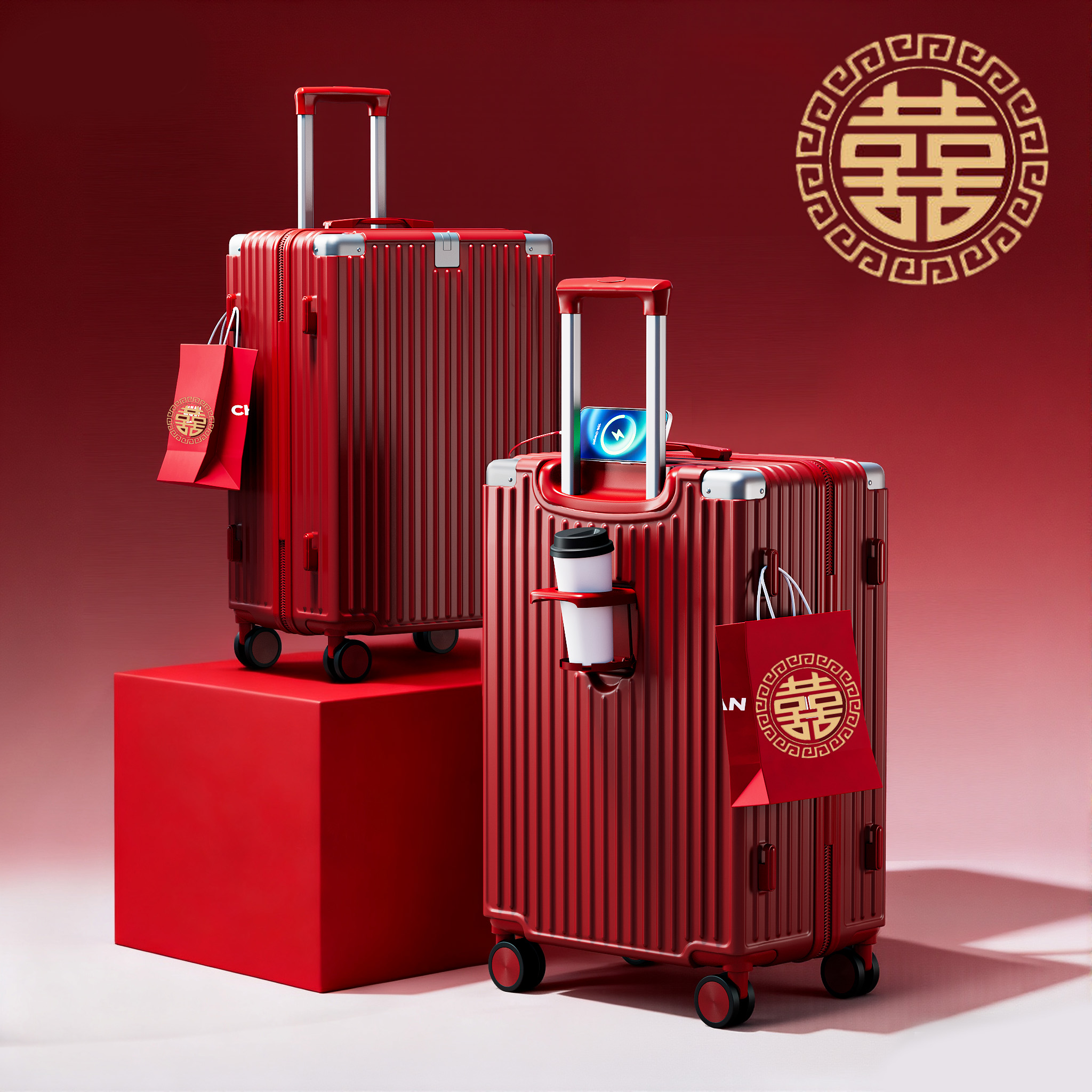 萬(wàn)向輪 紅色行李箱陪嫁箱新娘嫁妝 209拉鏈款