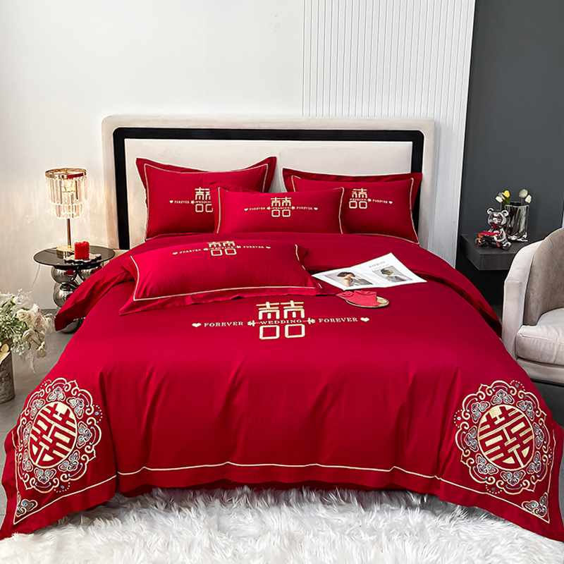 多款可选 轻奢简约风亲肤棉红色结婚四件套