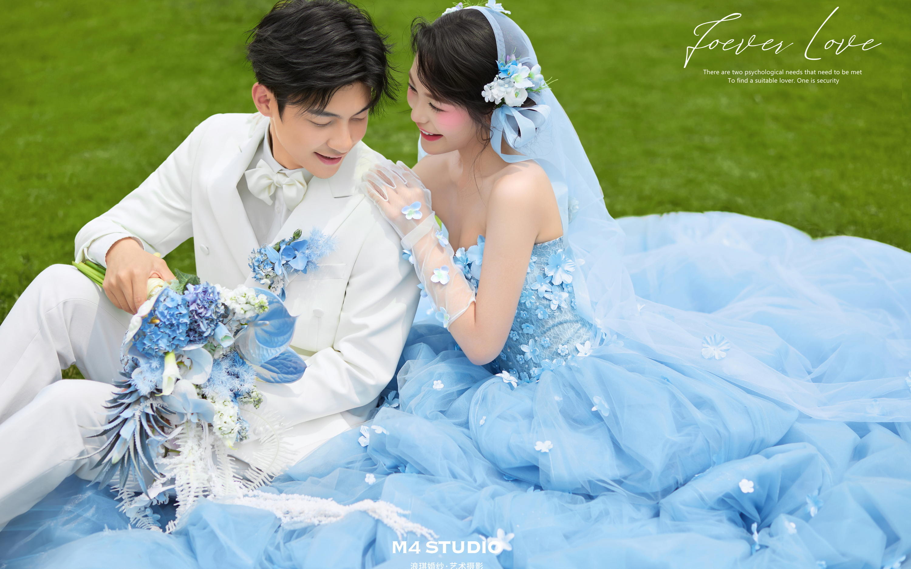 蓝纱草坪婚纱照