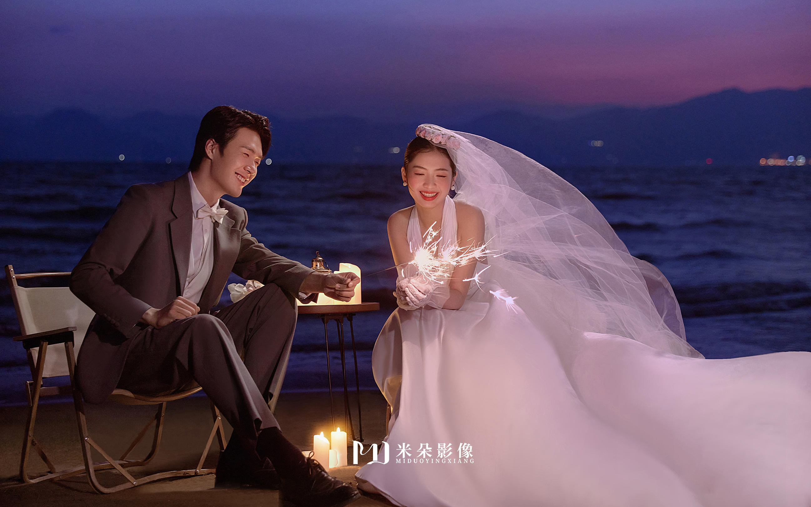 观湖海边+浪漫的海边夜景婚纱照