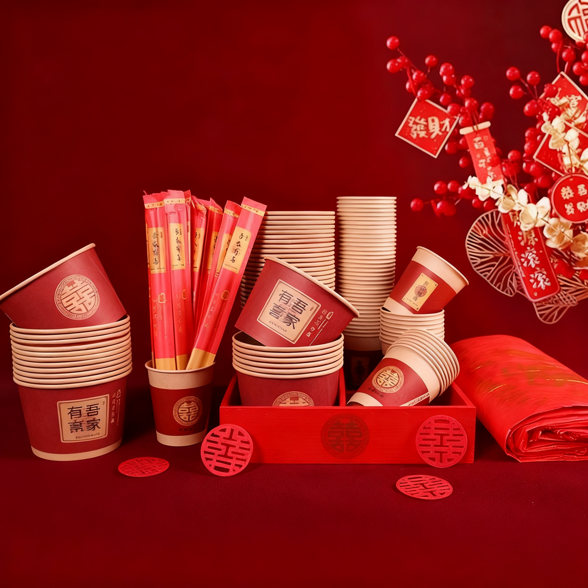 紙杯/紙碗/紙巾/桌布/筷子 婚宴一次性餐具套裝