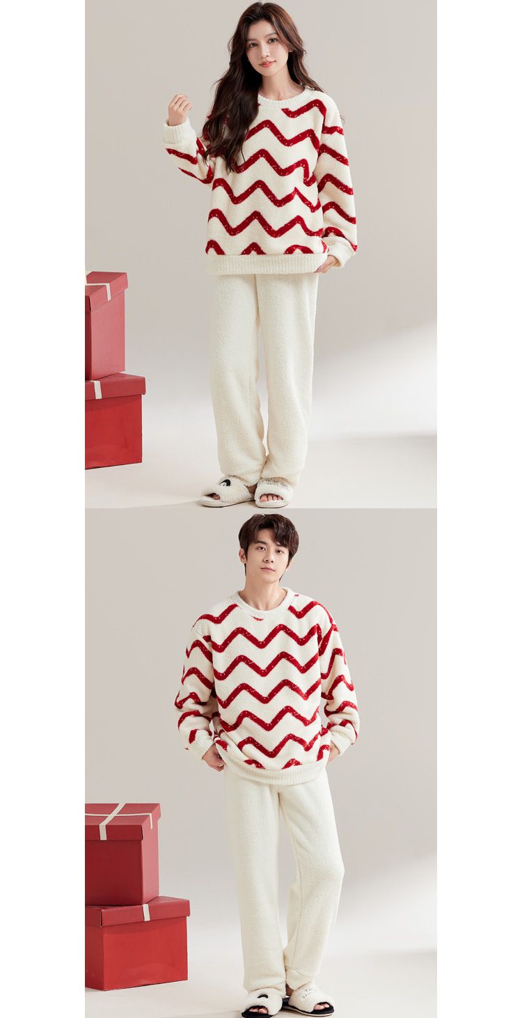 瑚绒情侣睡衣秋冬季红色结婚新婚套装女士保暖半边绒男士家居服