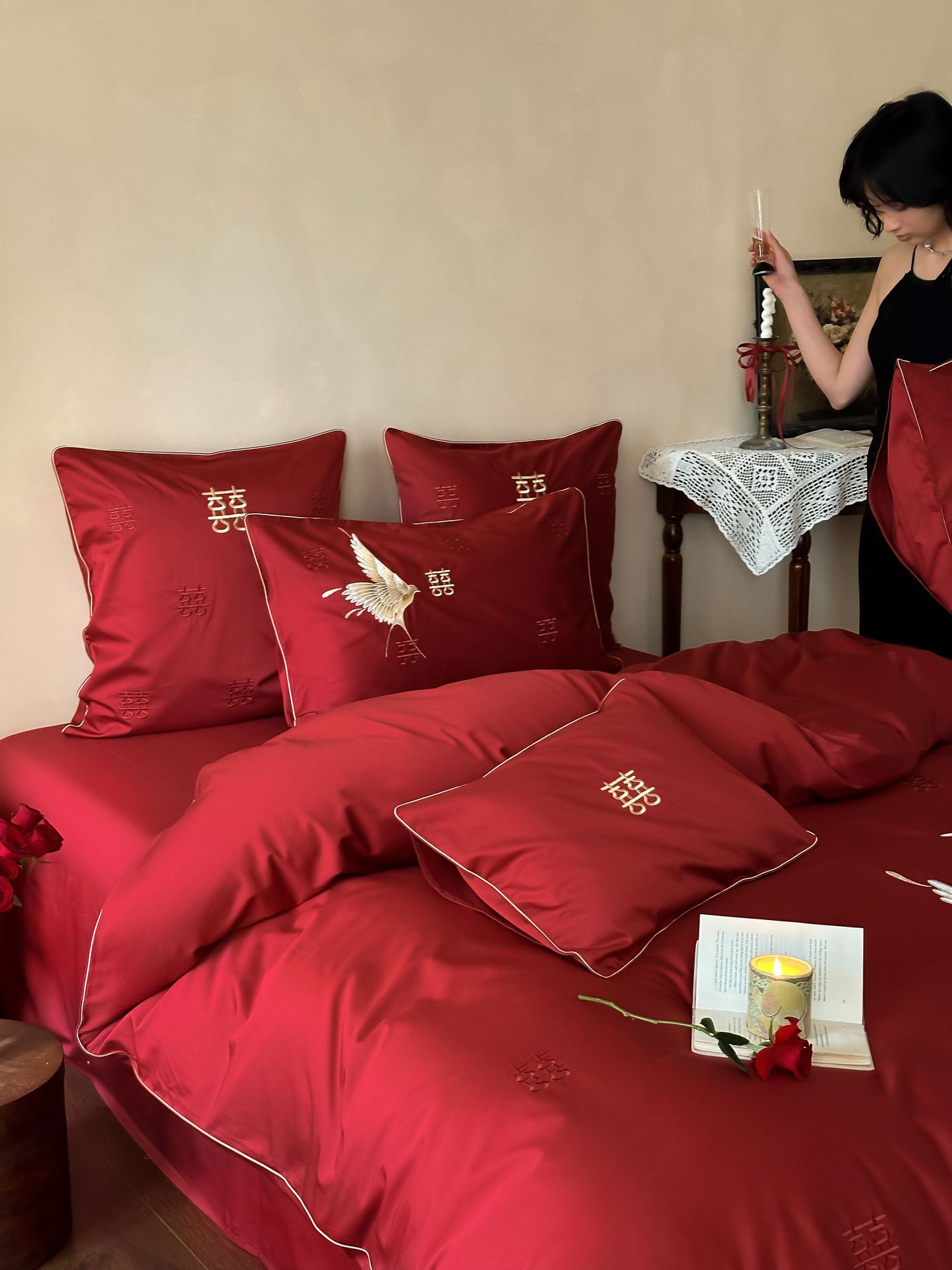 简约新中式婚庆四件套全棉喜鹊双喜刺绣